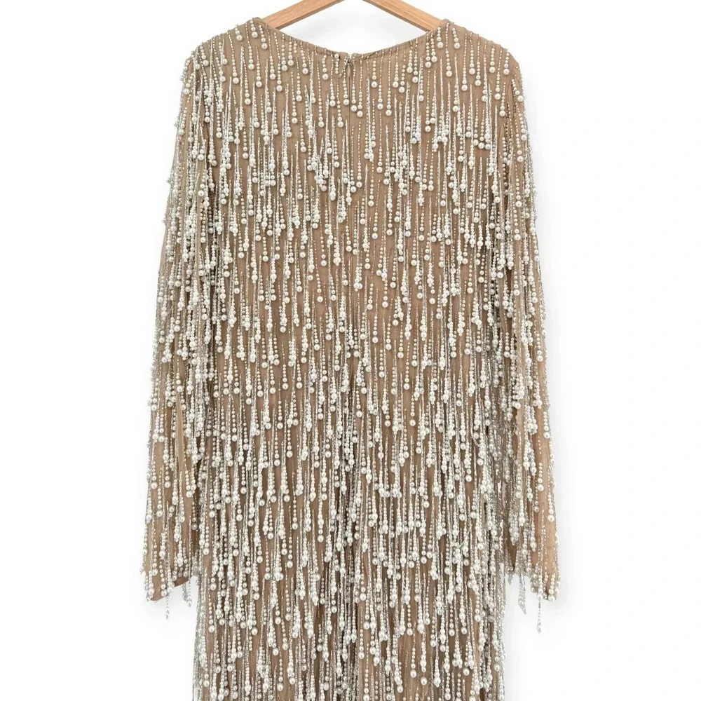 Mac Duggal Beige Long Sleeve Midi Dress With Embellished Fringe $898 - Size‎ 12